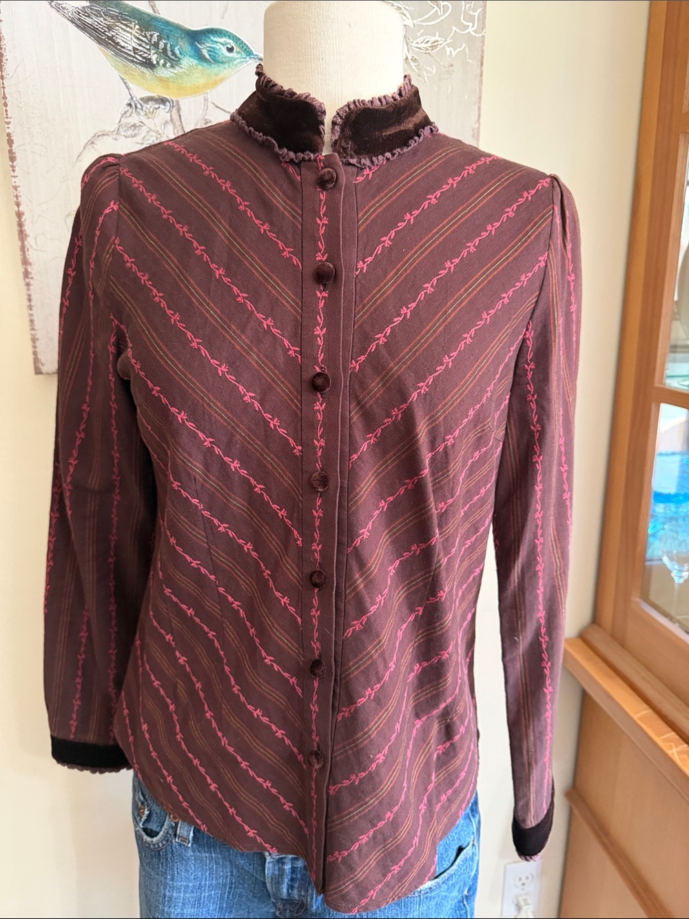 BCBG high neck Victorian esque Striped Button-Up Women's top with velvet
